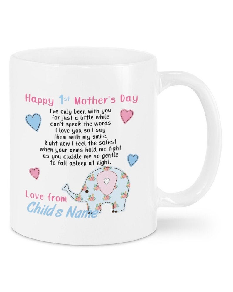 Personalized Happy 1st Mothers Day Mug, Cute Elephant Mug, Baby Shower Gift, Best Mother’s Day Gift Ideas