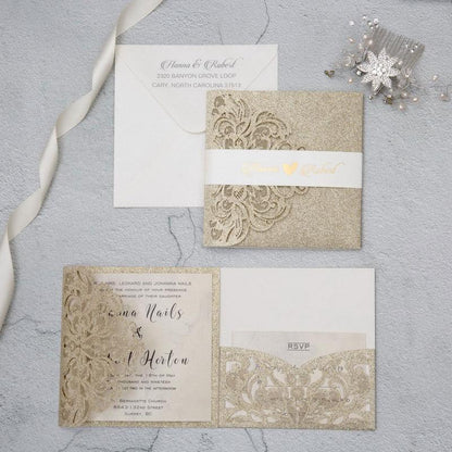 glitter laser cut wedding invitation