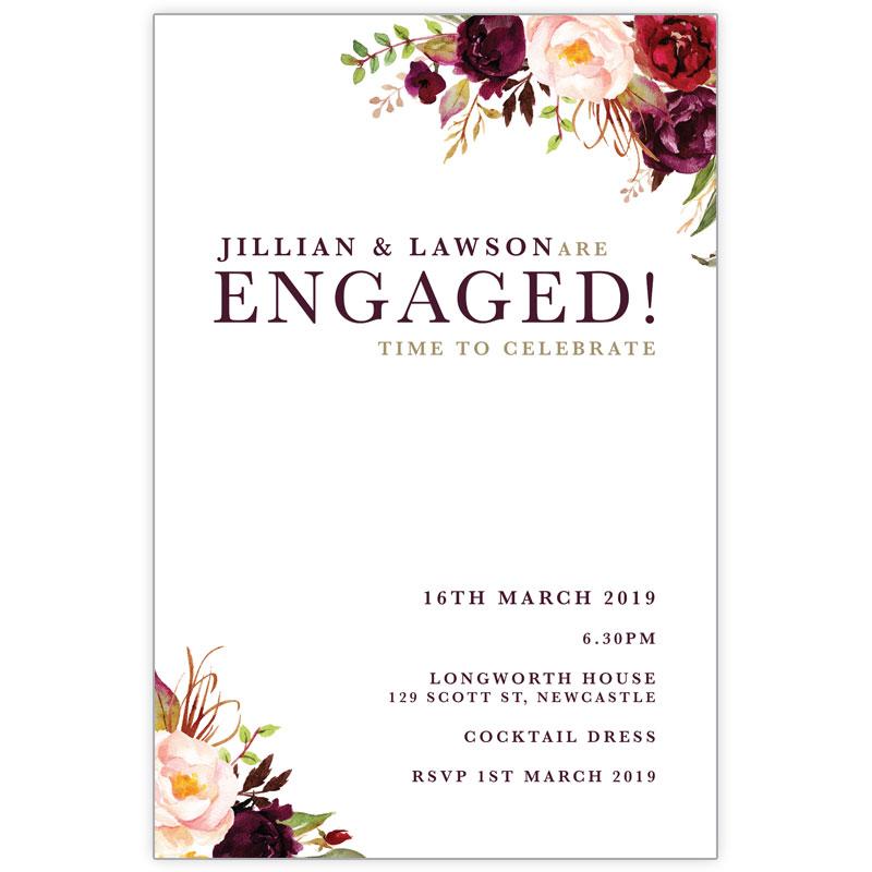 Marsala and gold coloured water colour flower bouquet engagement card