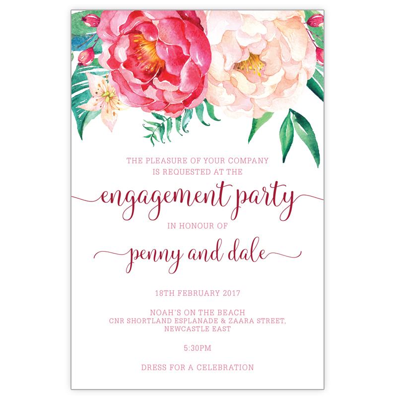 engagement invitation with peonie bouquet flowers