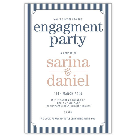 navy and white stripe engagement invitation